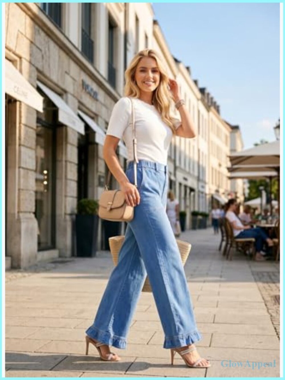 Wide Leg Stretch Denim Jeans Ruffle Hem High Waisted Baggy - Picture 6 of 7